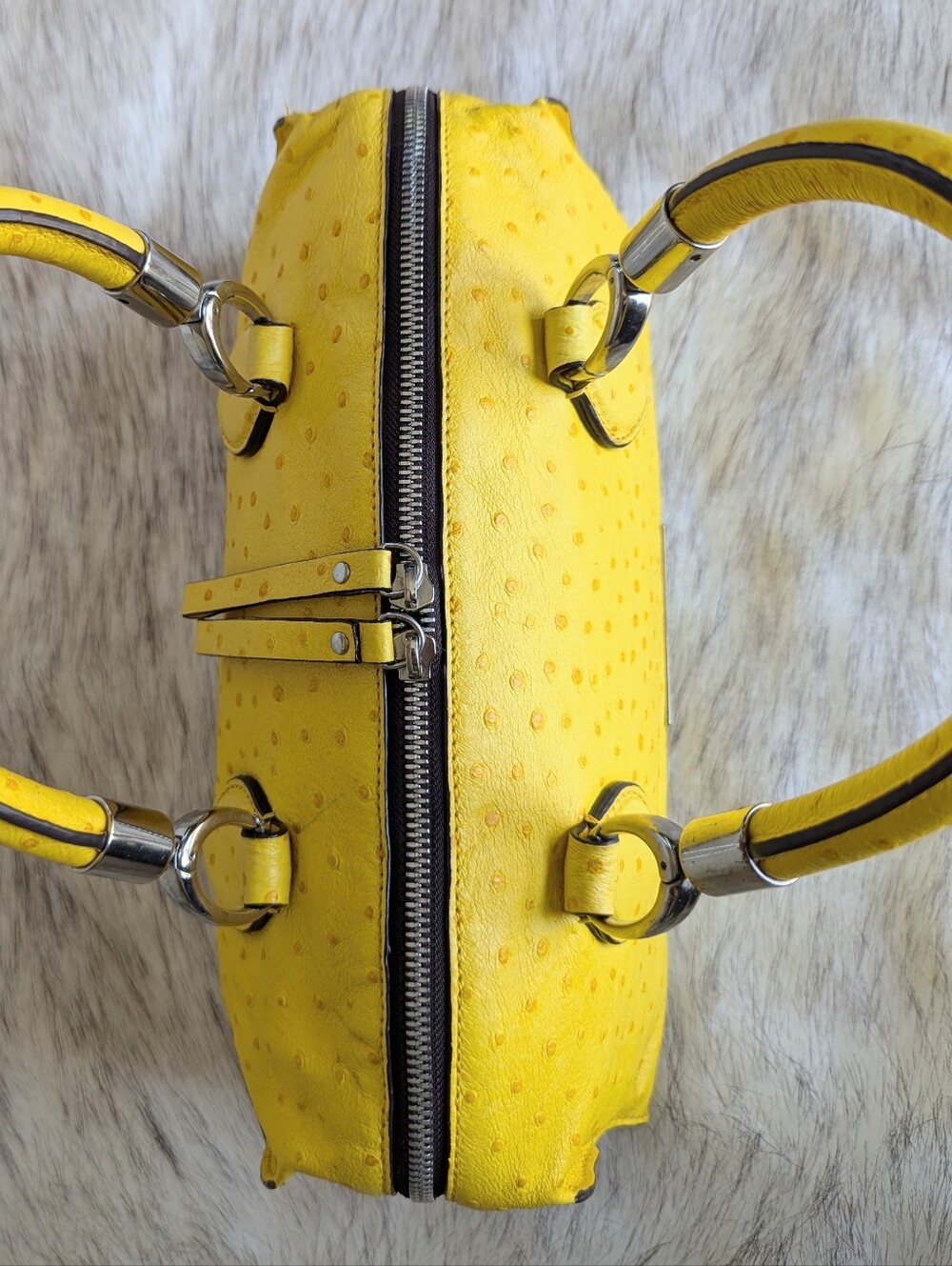 Coccinelle Bright Yellow Ostrich Embossed Convertible Satchel Crossbody Bag - Picture 5 of 14